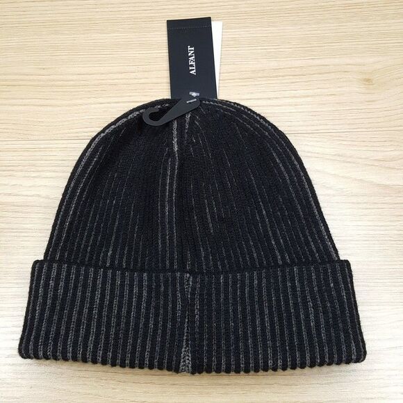 ALFANI Mens Beanie Hat Black Ribbed Fold Over Cuffed Stretch Knit - Picture 1 of 5
